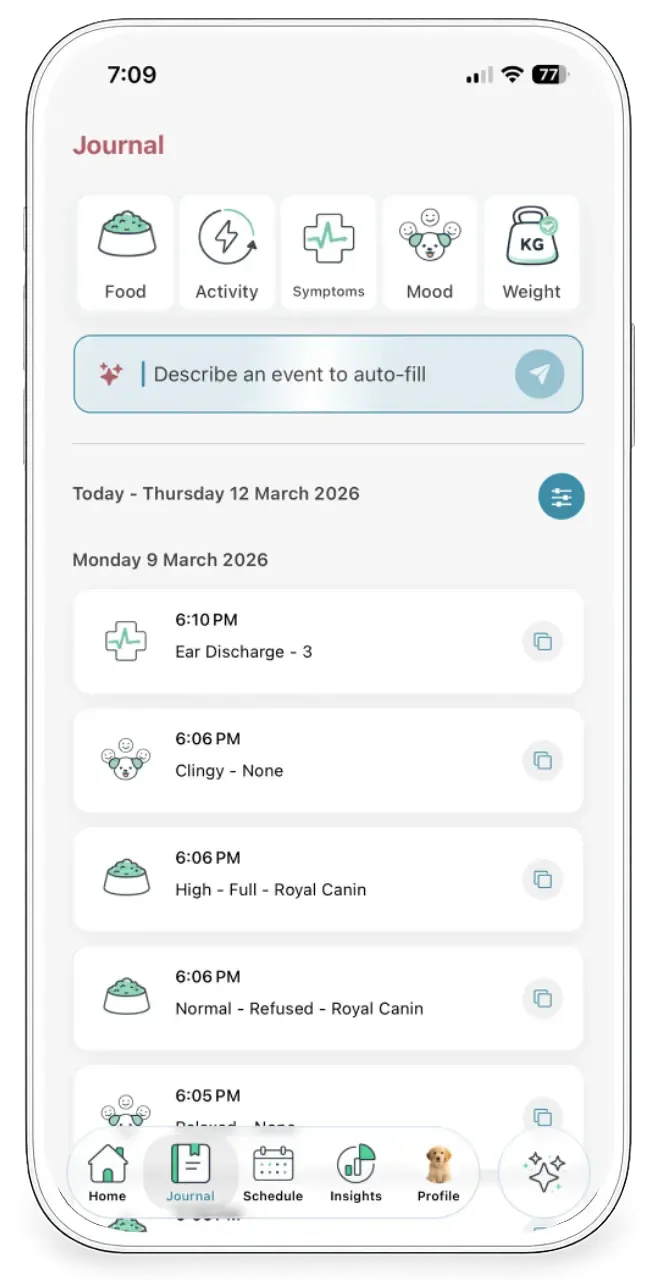 PetPRO symptom tracking screen